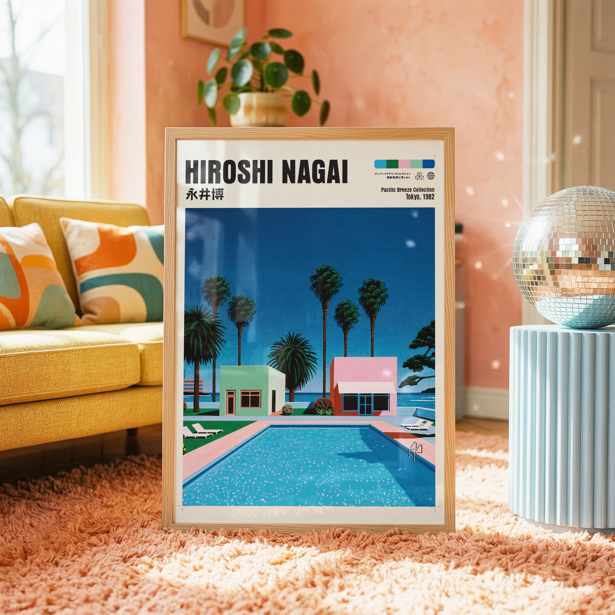 Hiroshi Nagai Pacific Breeze Poster, Retro Pool House Art, Japanese Summer Print, Pastel Tropical Wall Decor, City Pop Aesthetic