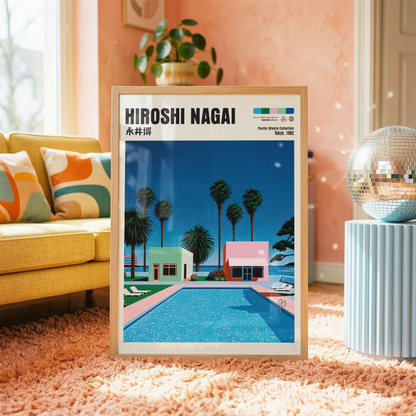 Hiroshi Nagai Pacific Breeze Poster, Retro Pool House Art, Japanese Summer Print, Pastel Tropical Wall Decor, City Pop Aesthetic