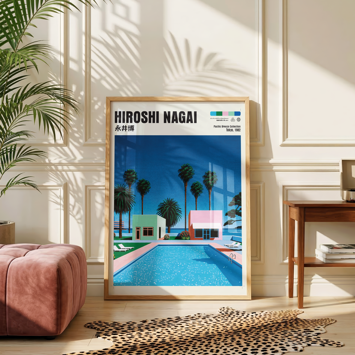 Hiroshi Nagai Pacific Breeze Poster, Retro Pool House Art, Japanese Summer Print, Pastel Tropical Wall Decor, City Pop Aesthetic