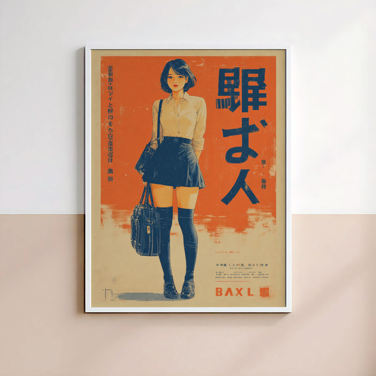 Affiche Japonaise Vintage Femme avec Valise, Wall Art Rétro Japonais, Poster Orange et Bleu, Décoration Murale