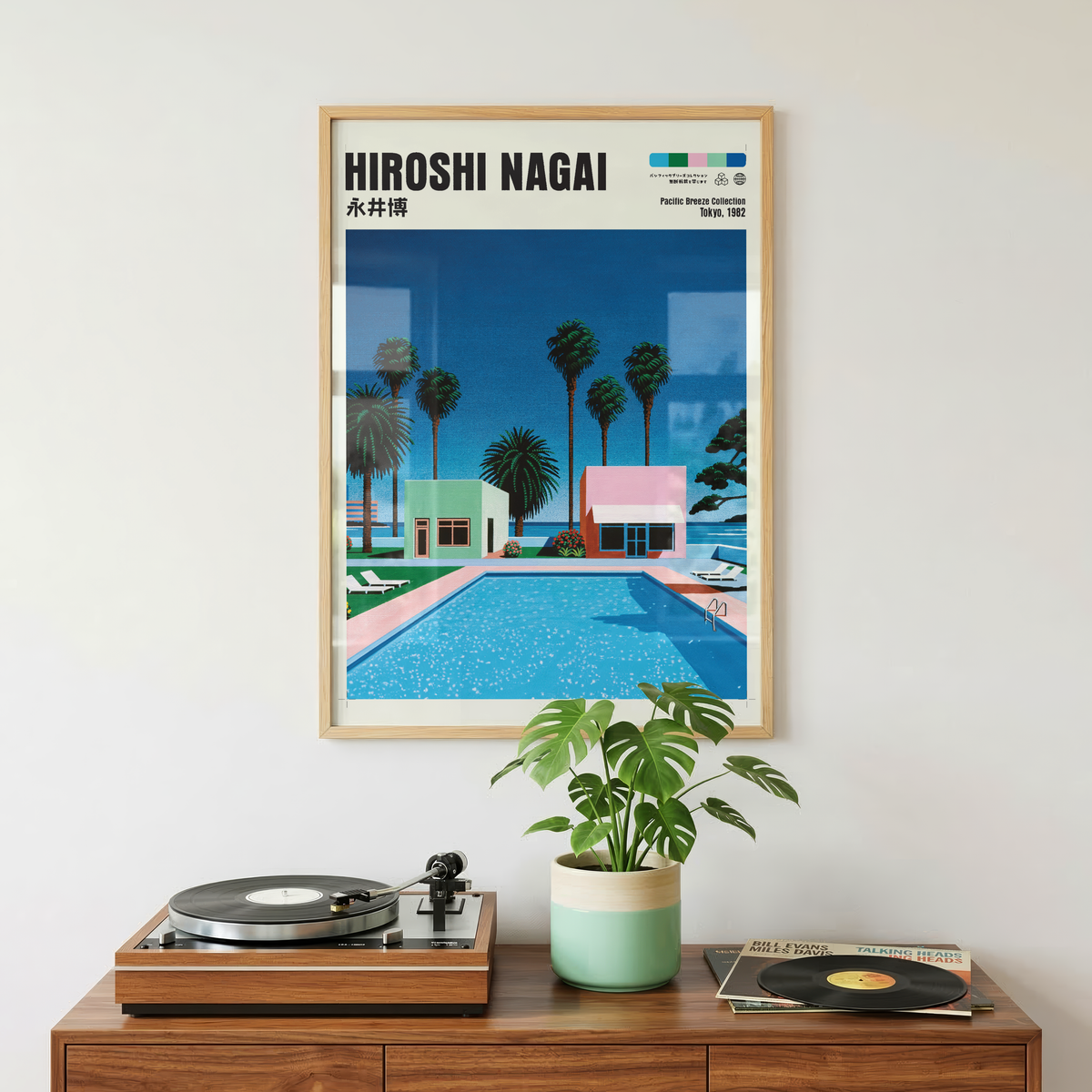 Hiroshi Nagai Pacific Breeze Poster, Retro Pool House Art, Japanese Summer Print, Pastel Tropical Wall Decor, City Pop Aesthetic