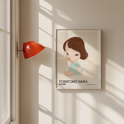 Yoshitomo Nara Seated Girl Poster, Japanese Art Print, Blue Dress Wall Decor, Contemporary Minimalist Girl Artwork