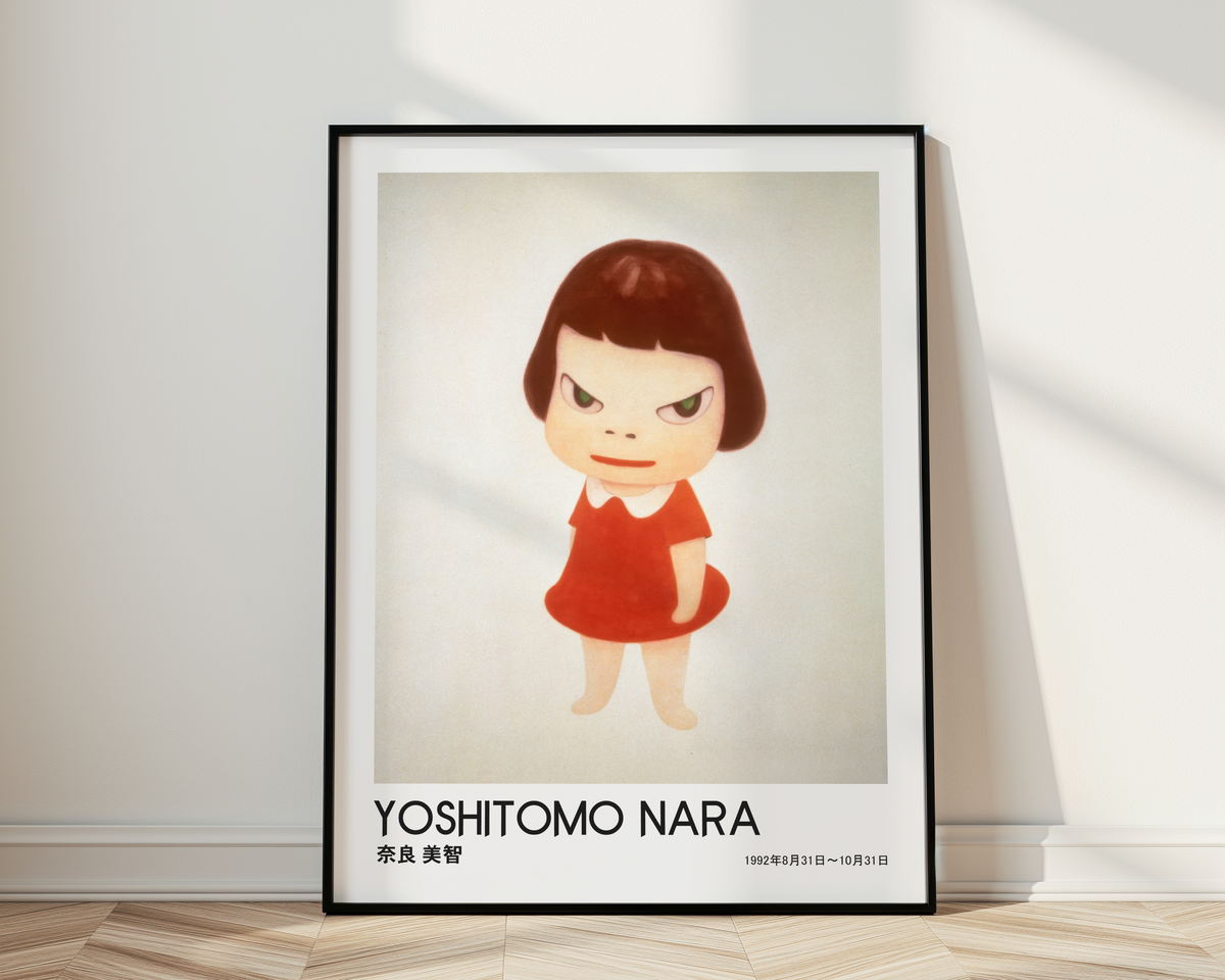 Yoshitomo Nara Girl in Red Dress Poster, Japanese Contemporary Art Print, Minimalist Wall Decor, Green Eyes Artwork