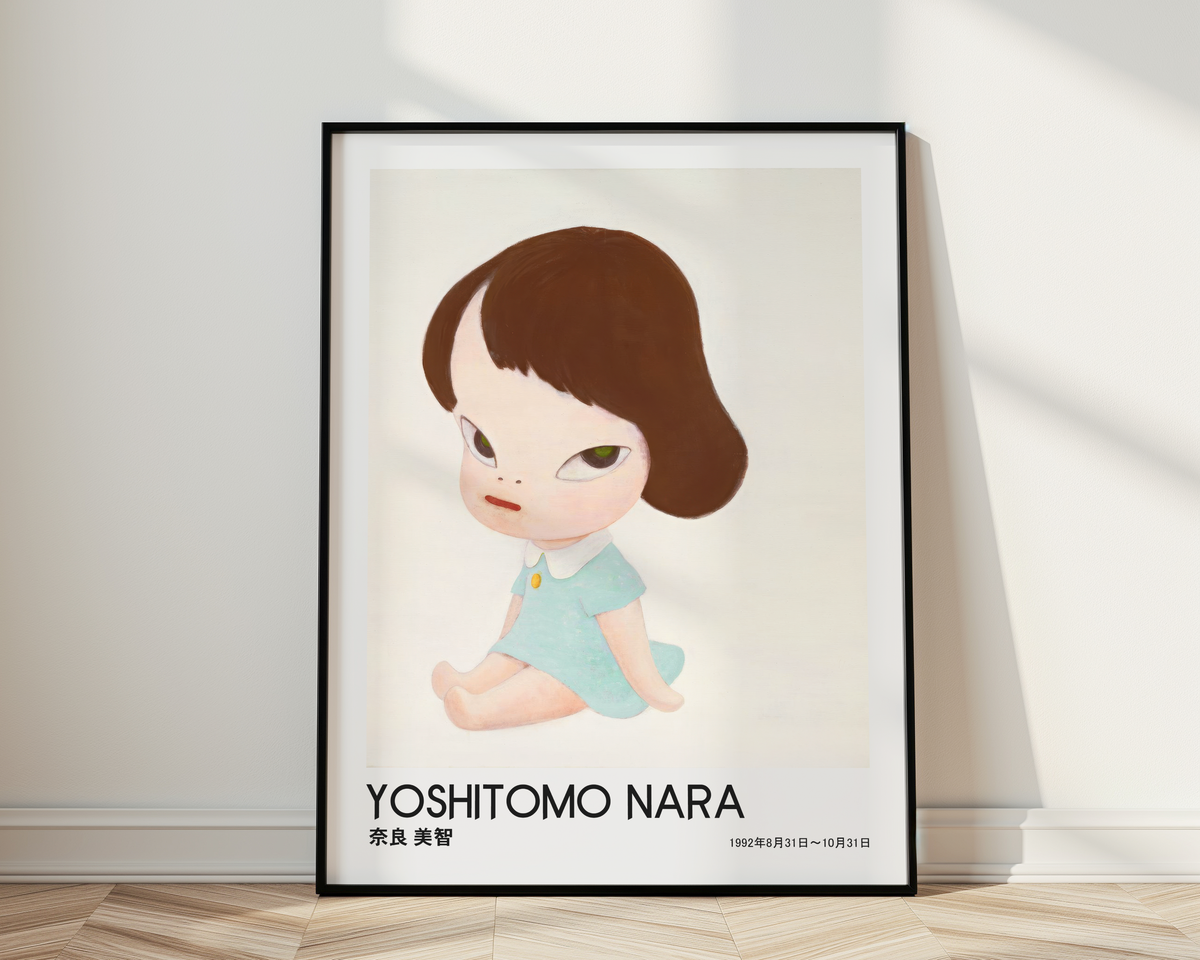 Yoshitomo Nara Seated Girl Poster, Japanese Art Print, Blue Dress Wall Decor, Contemporary Minimalist Girl Artwork