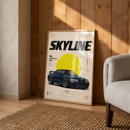 Blue Japanese Racing Car Poster, 90s JDM Wall Art, Retro Performance Coupe Print, Minimalist Motorsport Garage Decor