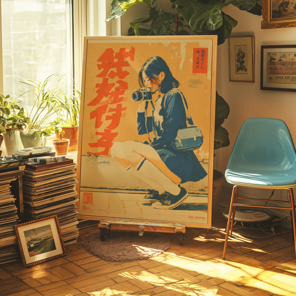 Affiche Japonaise Vintage Photographe, Femme avec Appareil Photo, Wall Art Rétro Japonais, Poster Orange et Bleu