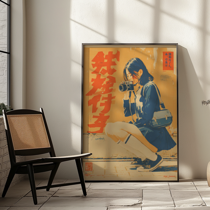 Affiche Japonaise Vintage Photographe, Femme avec Appareil Photo, Wall Art Rétro Japonais, Poster Orange et Bleu