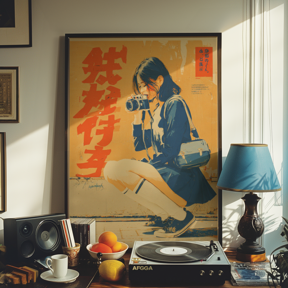 Affiche Japonaise Vintage Photographe, Femme avec Appareil Photo, Wall Art Rétro Japonais, Poster Orange et Bleu