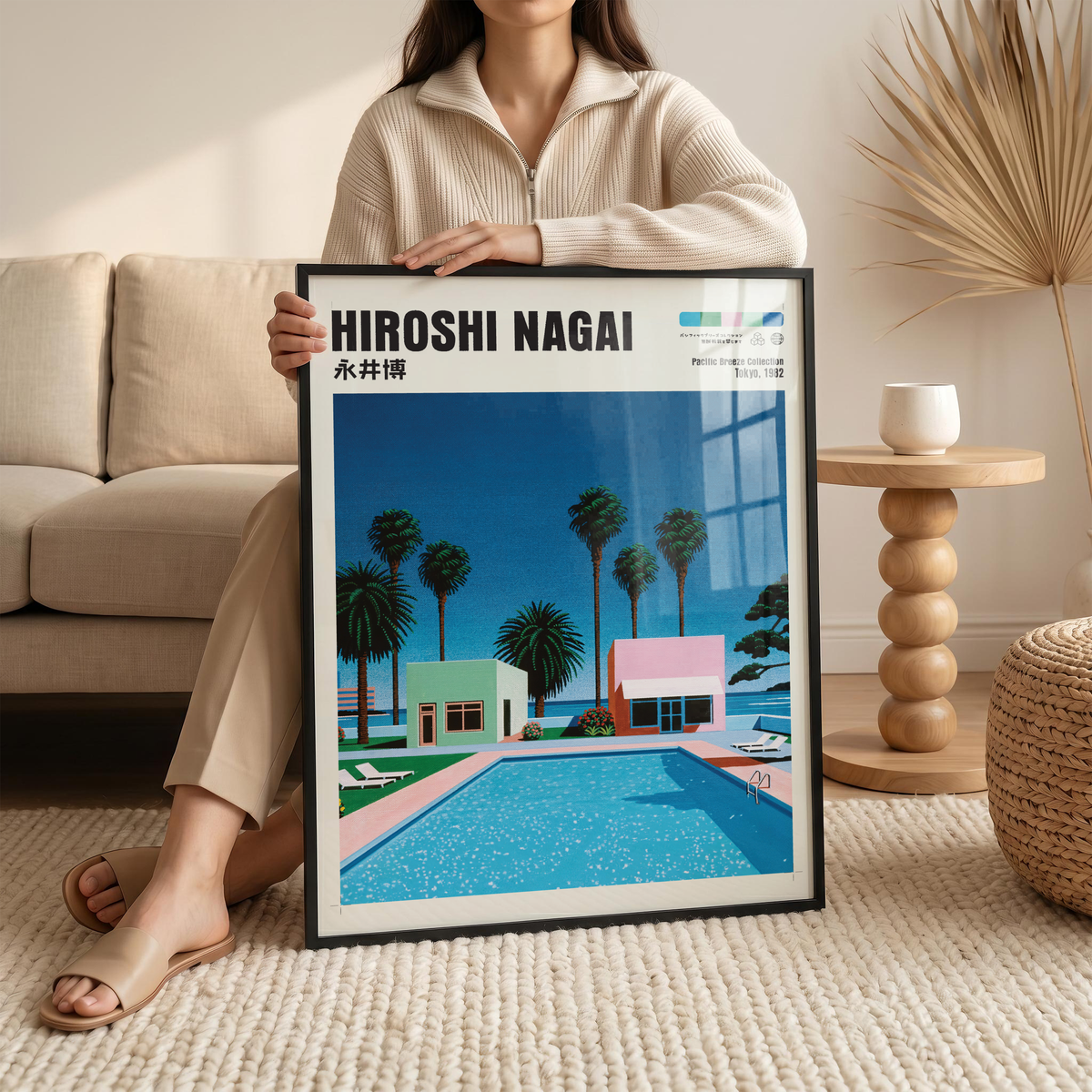 Hiroshi Nagai Pacific Breeze Poster, Retro Pool House Art, Japanese Summer Print, Pastel Tropical Wall Decor, City Pop Aesthetic