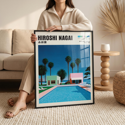 Hiroshi Nagai Pacific Breeze Poster, Retro Pool House Art, Japanese Summer Print, Pastel Tropical Wall Decor, City Pop Aesthetic