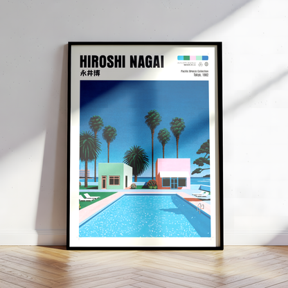 Hiroshi Nagai Pacific Breeze Poster, Retro Pool House Art, Japanese Summer Print, Pastel Tropical Wall Decor, City Pop Aesthetic