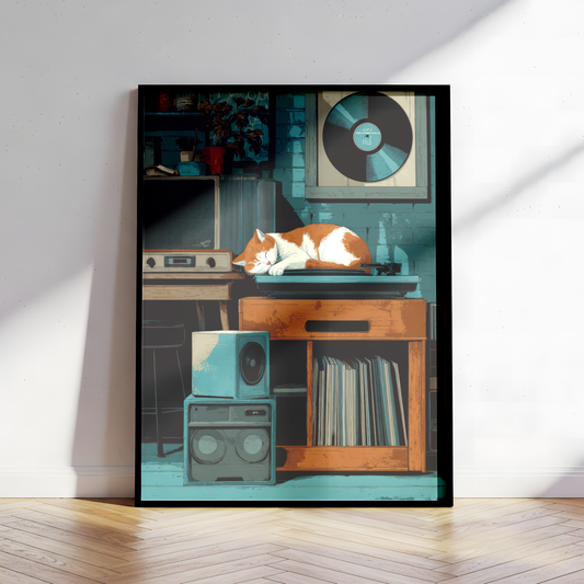 Vintage Hi-Fi Cat Sleeping on a Turntable Among Classic Vinyl Records and Retro Audio Equipment
