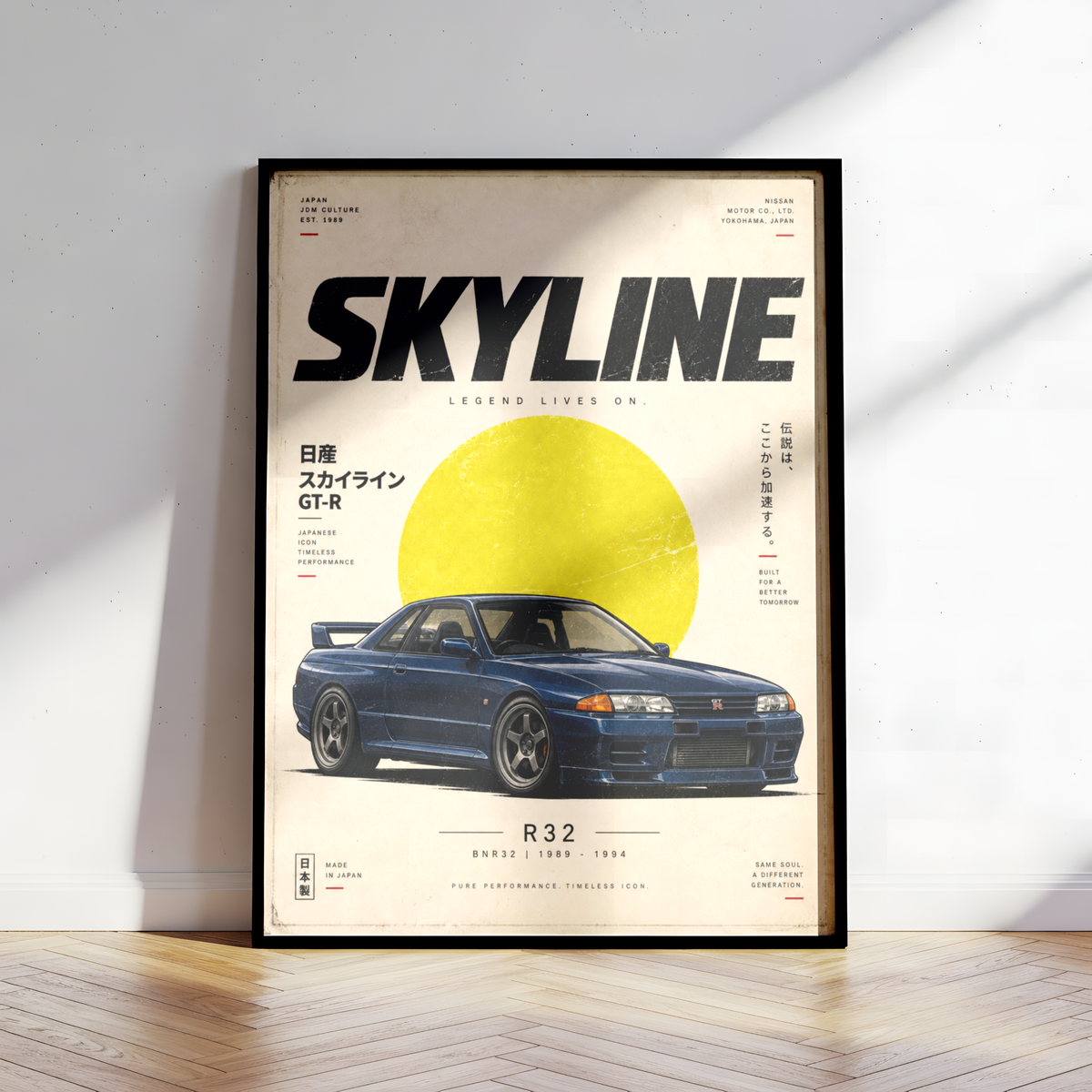 Blue Japanese Racing Car Poster, 90s JDM Wall Art, Retro Performance Coupe Print, Minimalist Motorsport Garage Decor