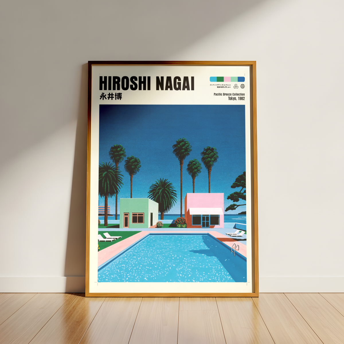 Hiroshi Nagai Pacific Breeze Poster, Retro Pool House Art, Japanese Summer Print, Pastel Tropical Wall Decor, City Pop Aesthetic