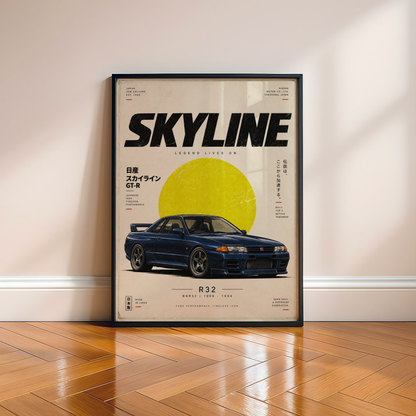 Blue Japanese Racing Car Poster, 90s JDM Wall Art, Retro Performance Coupe Print, Minimalist Motorsport Garage Decor