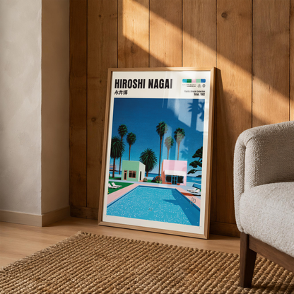Hiroshi Nagai Pacific Breeze Poster, Retro Pool House Art, Japanese Summer Print, Pastel Tropical Wall Decor, City Pop Aesthetic