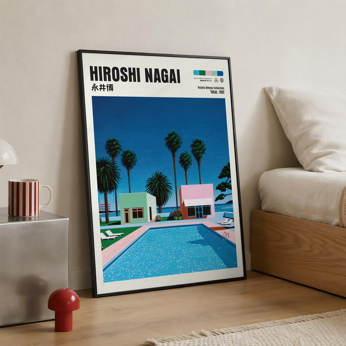 Hiroshi Nagai Pacific Breeze Poster, Retro Pool House Art, Japanese Summer Print, Pastel Tropical Wall Decor, City Pop Aesthetic