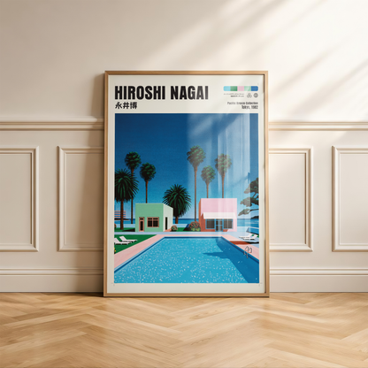 Hiroshi Nagai Pacific Breeze Poster, Retro Pool House Art, Japanese Summer Print, Pastel Tropical Wall Decor, City Pop Aesthetic