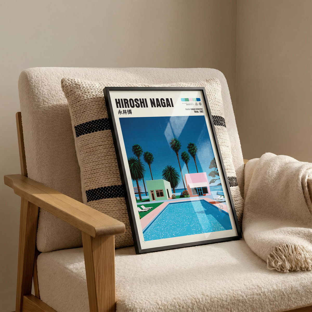 Hiroshi Nagai Pacific Breeze Poster, Retro Pool House Art, Japanese Summer Print, Pastel Tropical Wall Decor, City Pop Aesthetic