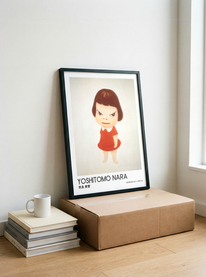 Yoshitomo Nara Girl in Red Dress Poster, Japanese Contemporary Art Print, Minimalist Wall Decor, Green Eyes Artwork