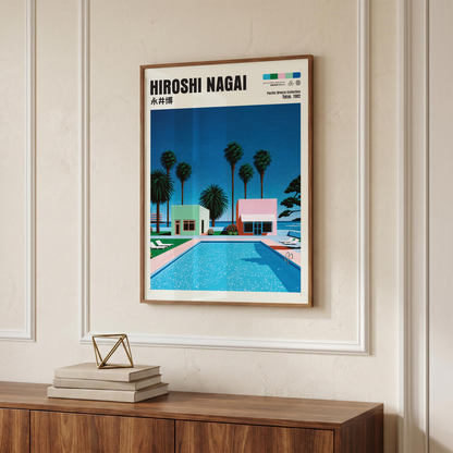 Hiroshi Nagai Pacific Breeze Poster, Retro Pool House Art, Japanese Summer Print, Pastel Tropical Wall Decor, City Pop Aesthetic