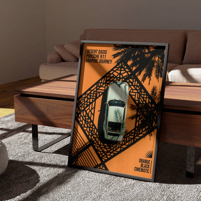Affiche Porsche 911 Vue Aérienne Vintage – Design Graphique Orange & Noir | Poster Automobile Rétro Premium