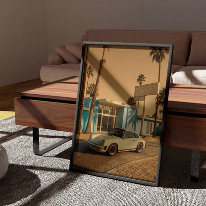 Affiche Porsche 911 devant Motel Vintage – Esprit Road Trip Américain & Architecture Mid-Century | Poster Automobile Rétro