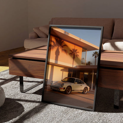 Affiche Porsche Classique devant Villa Moderniste – Architecture de Luxe & Design Rétro | Poster Automobile Premium