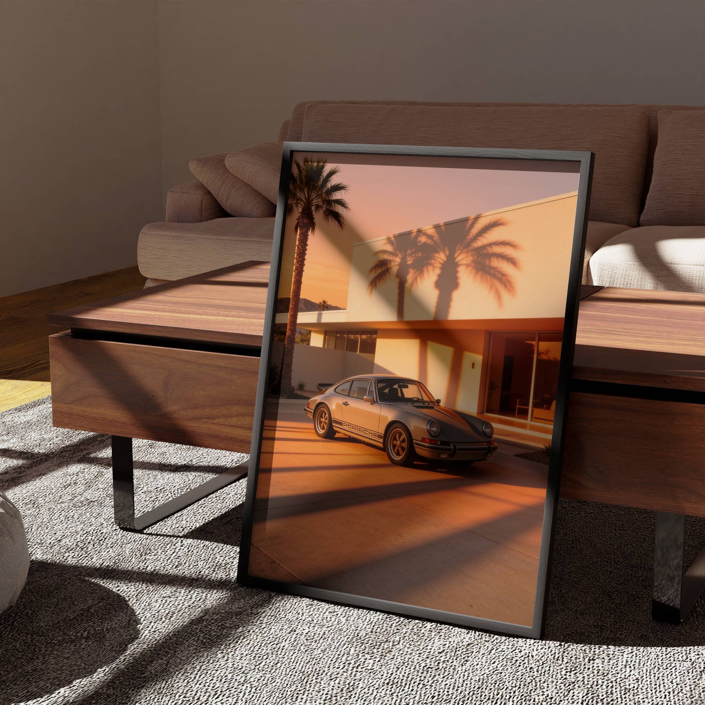Affiche Porsche 911 au Coucher du Soleil – Lumière Californienne & Ombres de Palmiers | Poster Automobile Vintage Premium
