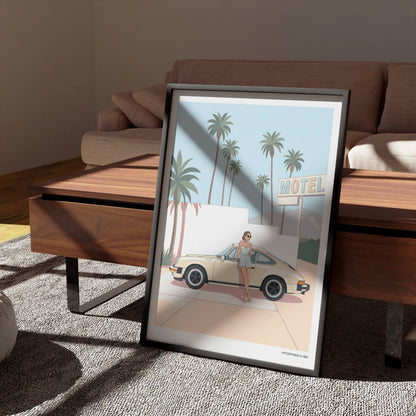 Affiche Porsche Vintage devant Motel Rétro – Californian Dream & Lifestyle Estival | Poster Automobile Chic