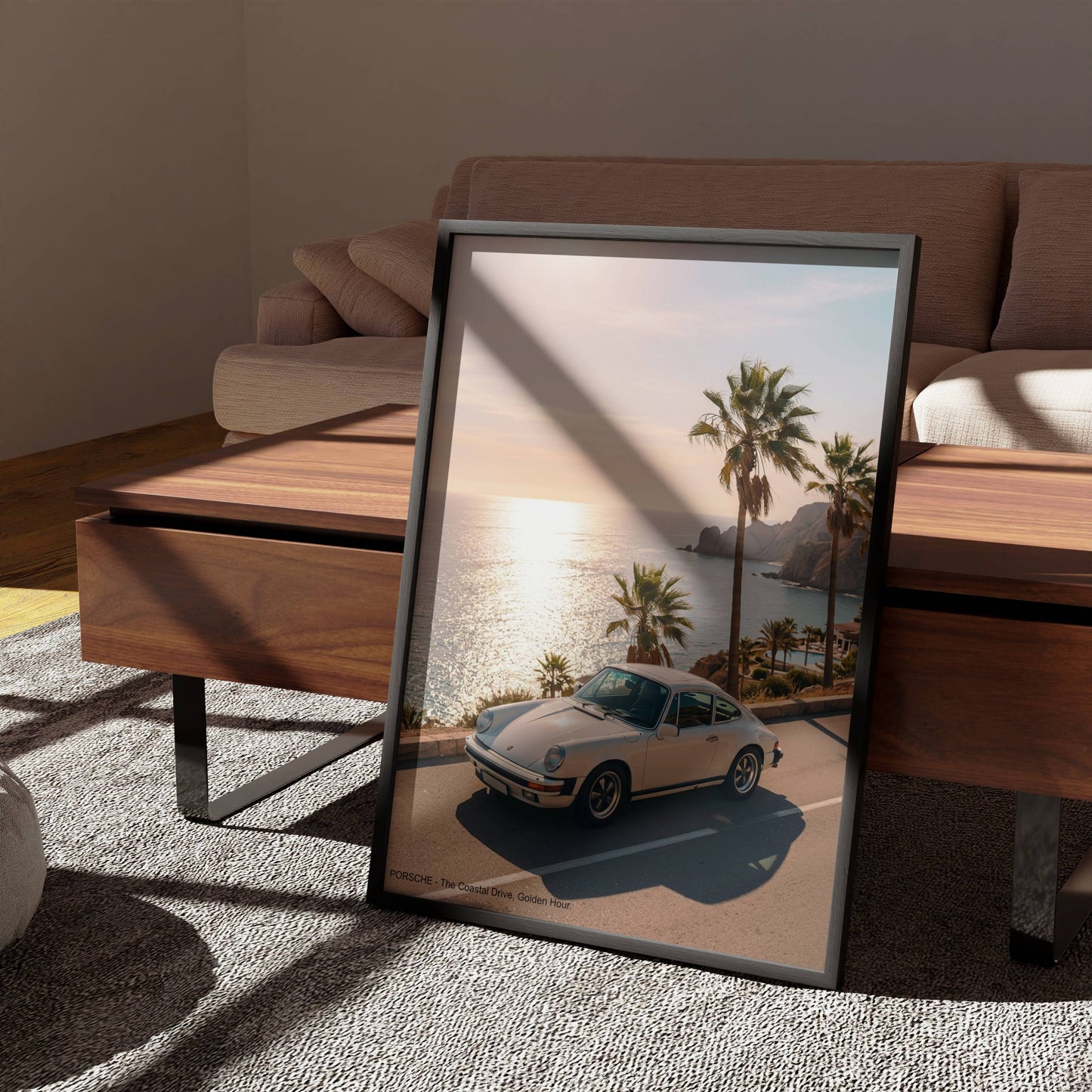 Affiche Porsche Vintage sur Route Côtière – Riviera Méditerranéenne & Évasion Automobile | Poster Sunset Premium