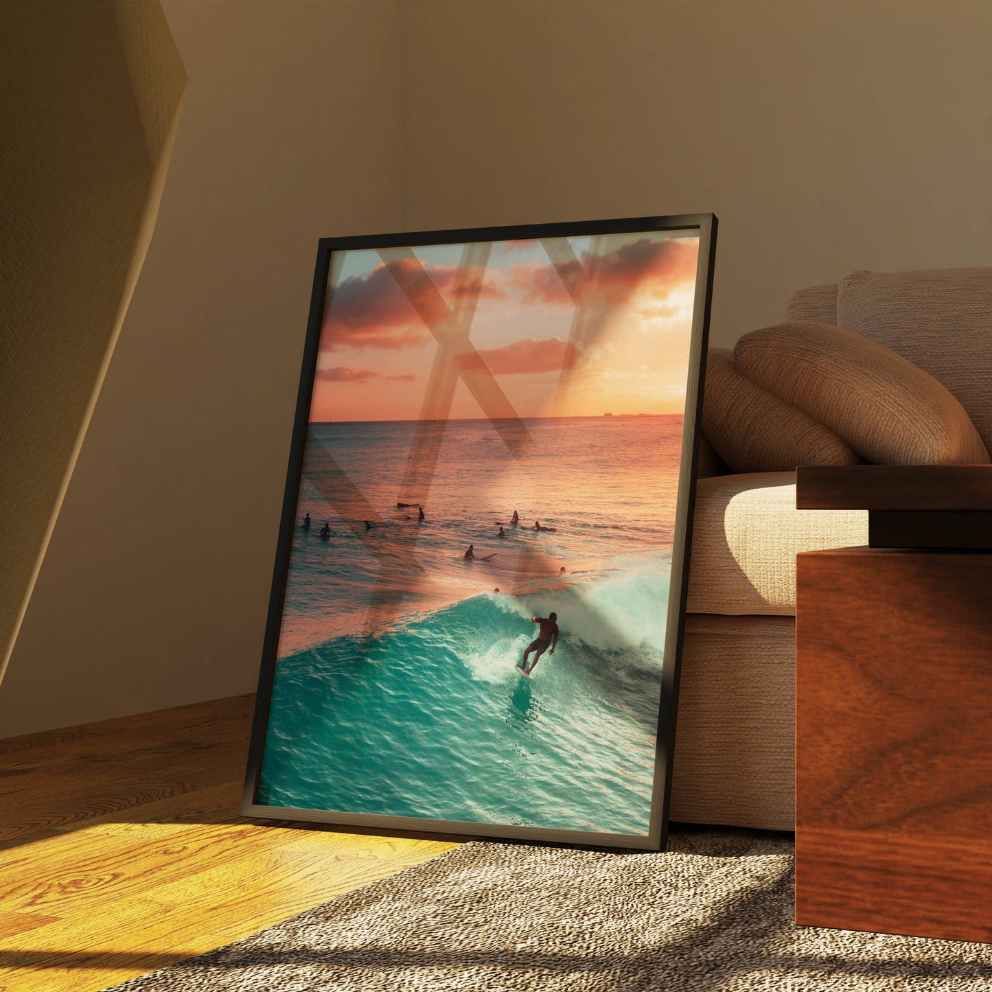 Affiche Surf au Coucher du Soleil – Vague Océanique et Horizon Doré | Poster sur Papier Mat