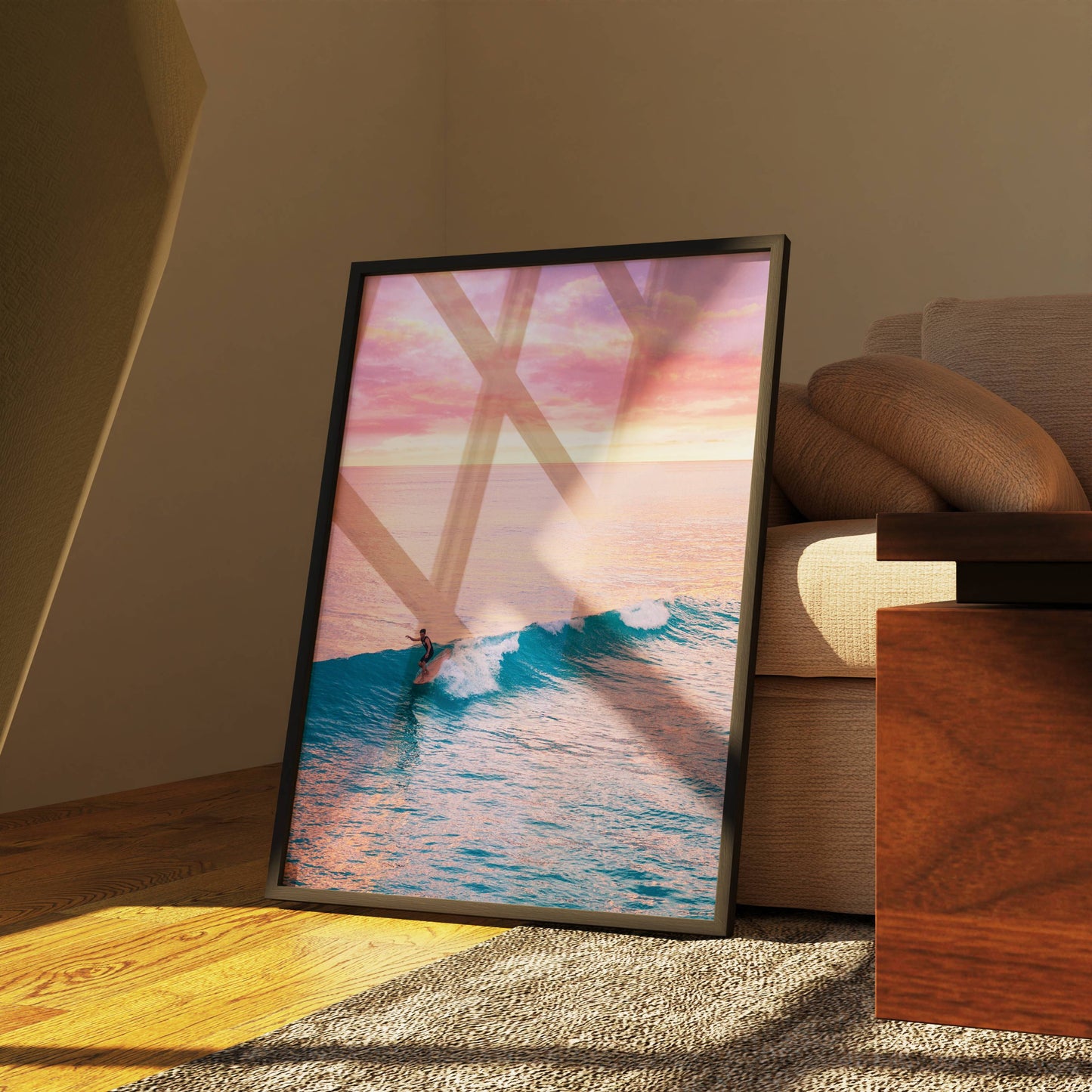 Affiche Surf au Crépuscule Rose – Vague Océanique et Ambiance Tropicale | Poster sur Papier Mat