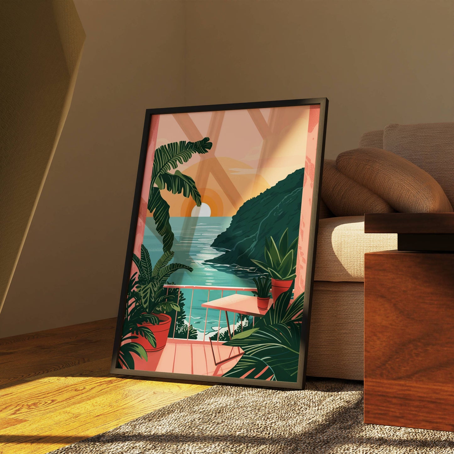 Affiche Terrasse Tropicale au Coucher du Soleil – Vue sur l’Océan et Évasion Paradisiaque | Poster sur Papier Mat