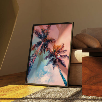Affiche Palmiers Tropicaux Rose et Bleu – Ambiance Sunset Tropicale | Poster sur Papier Mat