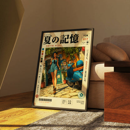 Mediterranean Summer Stroll – Y2K Scooter Girl Poster, Vintage Coastal Village, Anime Aesthetic Wall Art