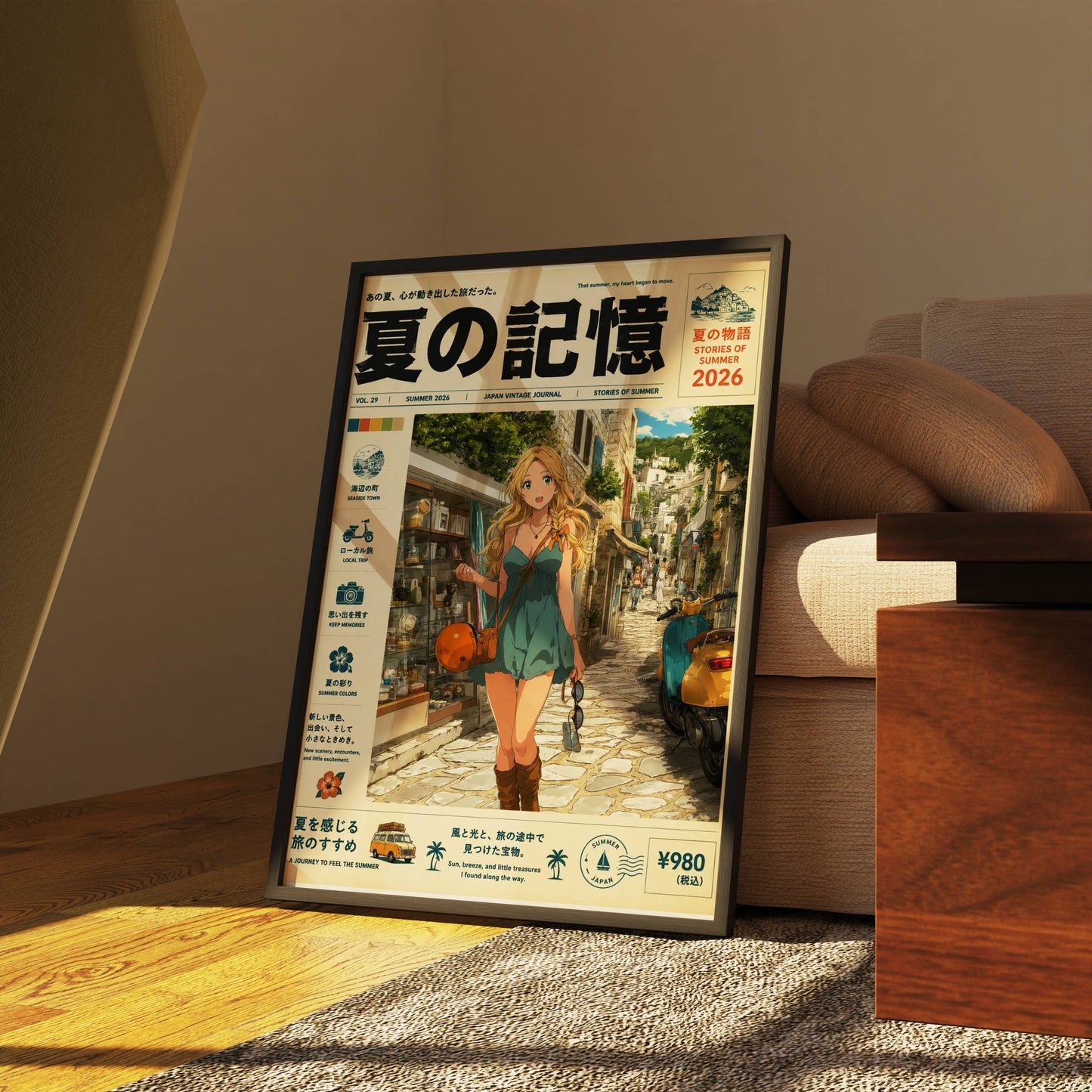 Golden Hour Stroll – Y2K Mediterranean Summer Poster, Blonde Girl in Coastal Village, Vintage Holiday Magazine Cover Art
