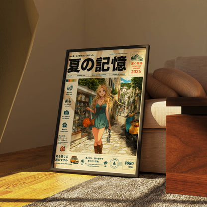 Golden Hour Stroll – Y2K Mediterranean Summer Poster, Blonde Girl in Coastal Village, Vintage Holiday Magazine Cover Art