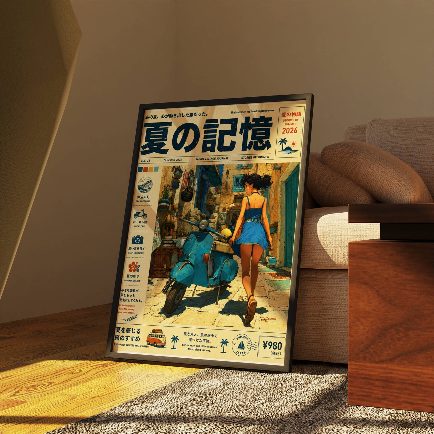 Azure Scooter Getaway – Y2K Summer Poster, Blue Vespa & Mediterranean Alley, Vintage Coastal Holiday Wall Art