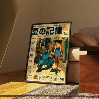 Azure Scooter Getaway – Y2K Summer Poster, Blue Vespa & Mediterranean Alley, Vintage Coastal Holiday Wall Art