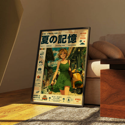 Emerald Summer Runaway – Y2K Coastal Poster, Green Dress Girl & Yellow Vespa, Mediterranean Village Wall Art