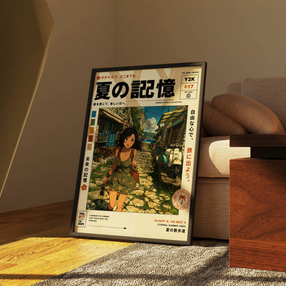 Sunlit Village Dreams – Y2K Summer Girl Poster, Mediterranean Alleyway, Coastal Escape, Retro Anime Wall Art