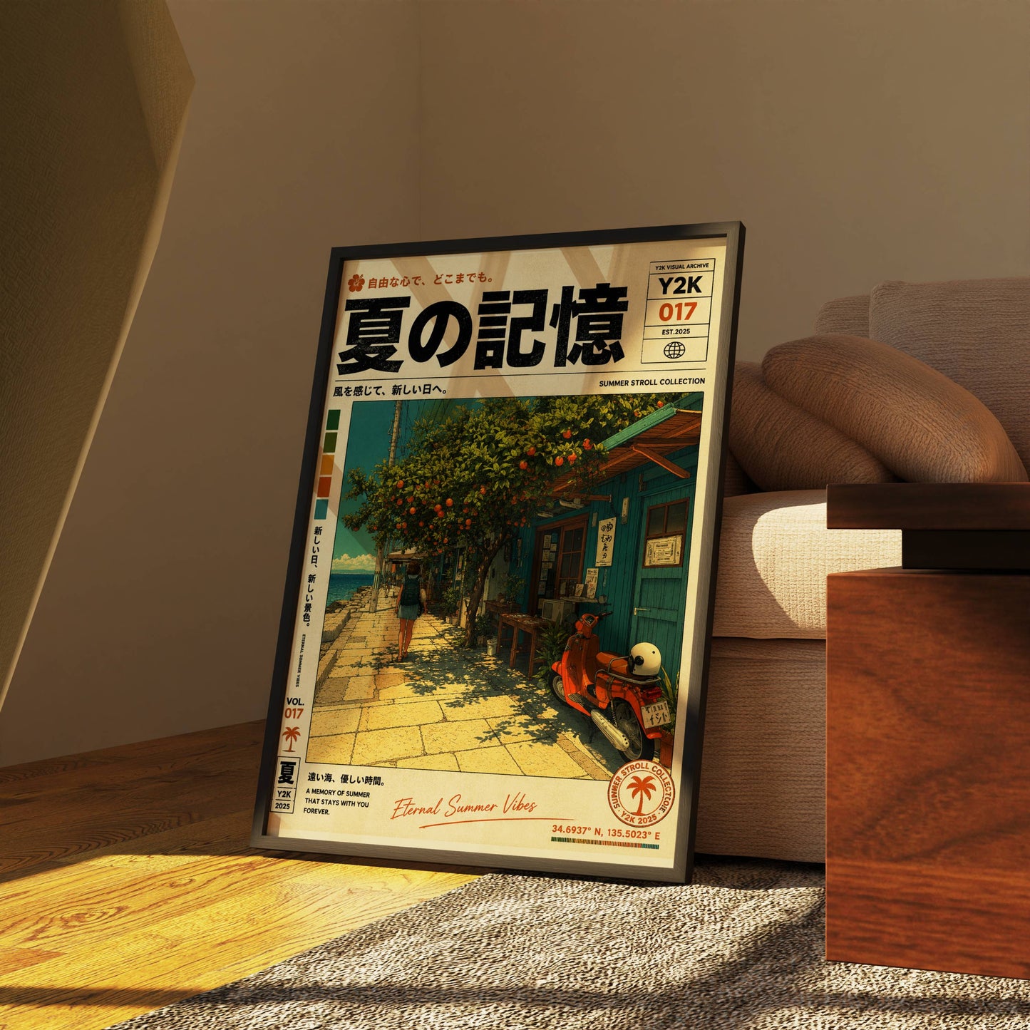 Azure Coast Hideaway – Vintage Scooter Poster, Mediterranean Seaside Street, Y2K Summer Archive, Retro Travel Wall Art