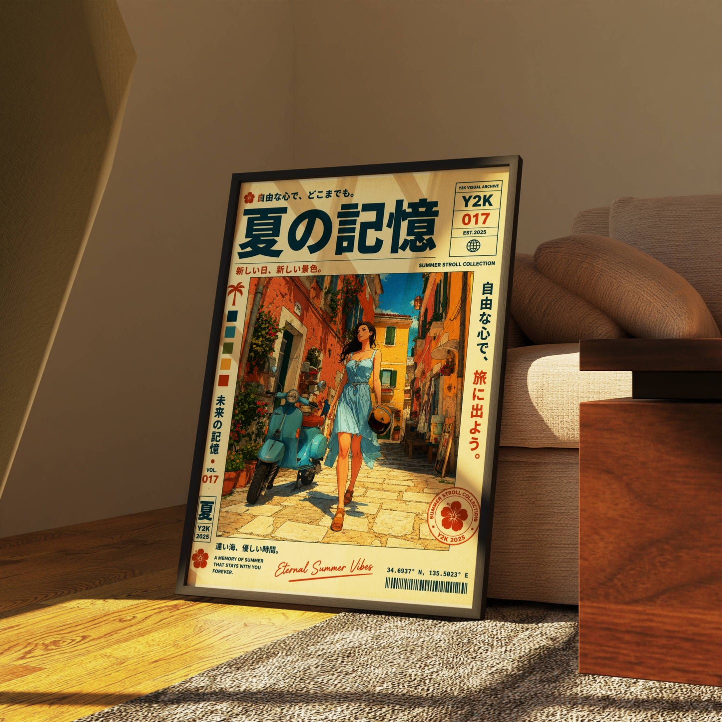 Sunlit Vespa Boulevard – Y2K Mediterranean Summer Poster, Blue Scooter Girl, Coastal Village Wanderlust, Vintage Travel Art