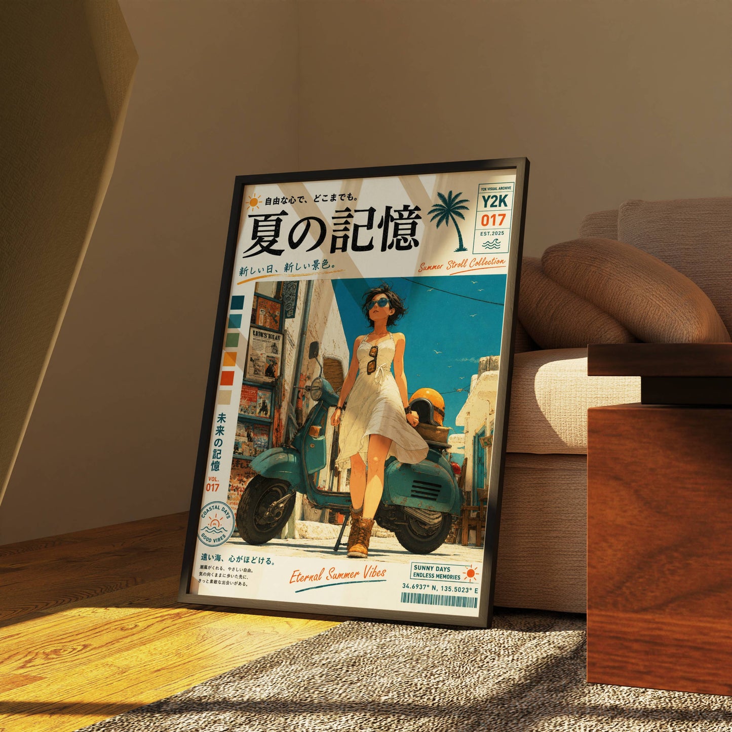 White Dress, Blue Horizons – Y2K Mediterranean Summer Poster, Vintage Scooter Aesthetic, Seaside Escape Wall Art, Coastal Dreamscape