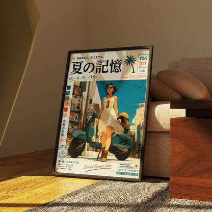 White Dress, Blue Horizons – Y2K Mediterranean Summer Poster, Vintage Scooter Aesthetic, Seaside Escape Wall Art, Coastal Dreamscape