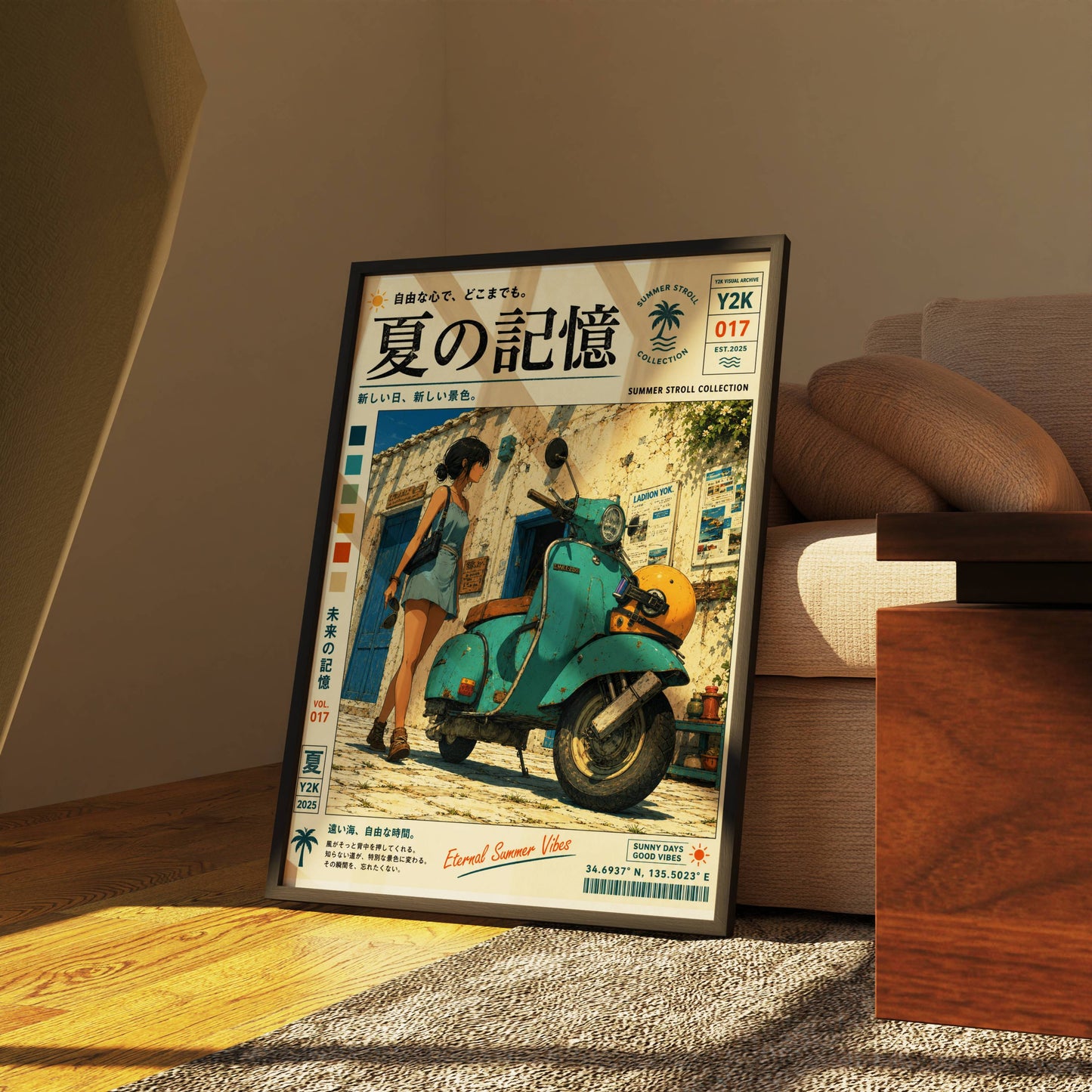 Blue Vespa Afternoon – Y2K Summer Memories Poster, Mediterranean Scooter Girl, Vintage Coastal Street Scene, Retro Travel Print