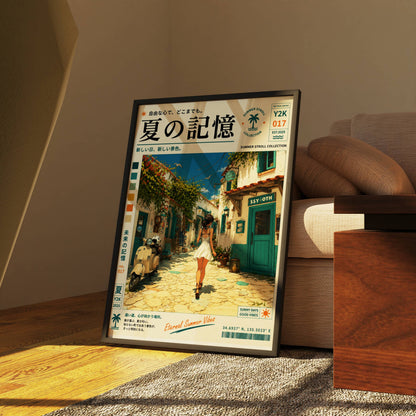 Mediterranean White Streets – Y2K Summer Girl Poster, Sunlit Coastal Village, Vintage Holiday Aesthetic, Seaside Wanderlust Print