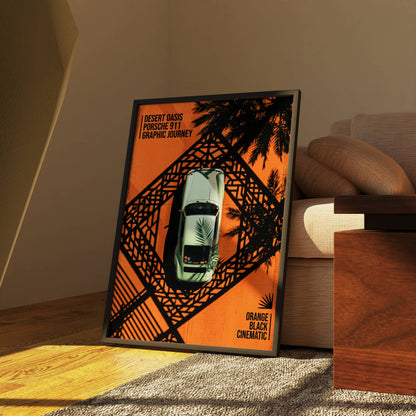 Affiche Porsche 911 Vue Aérienne Vintage – Design Graphique Orange & Noir | Poster Automobile Rétro Premium