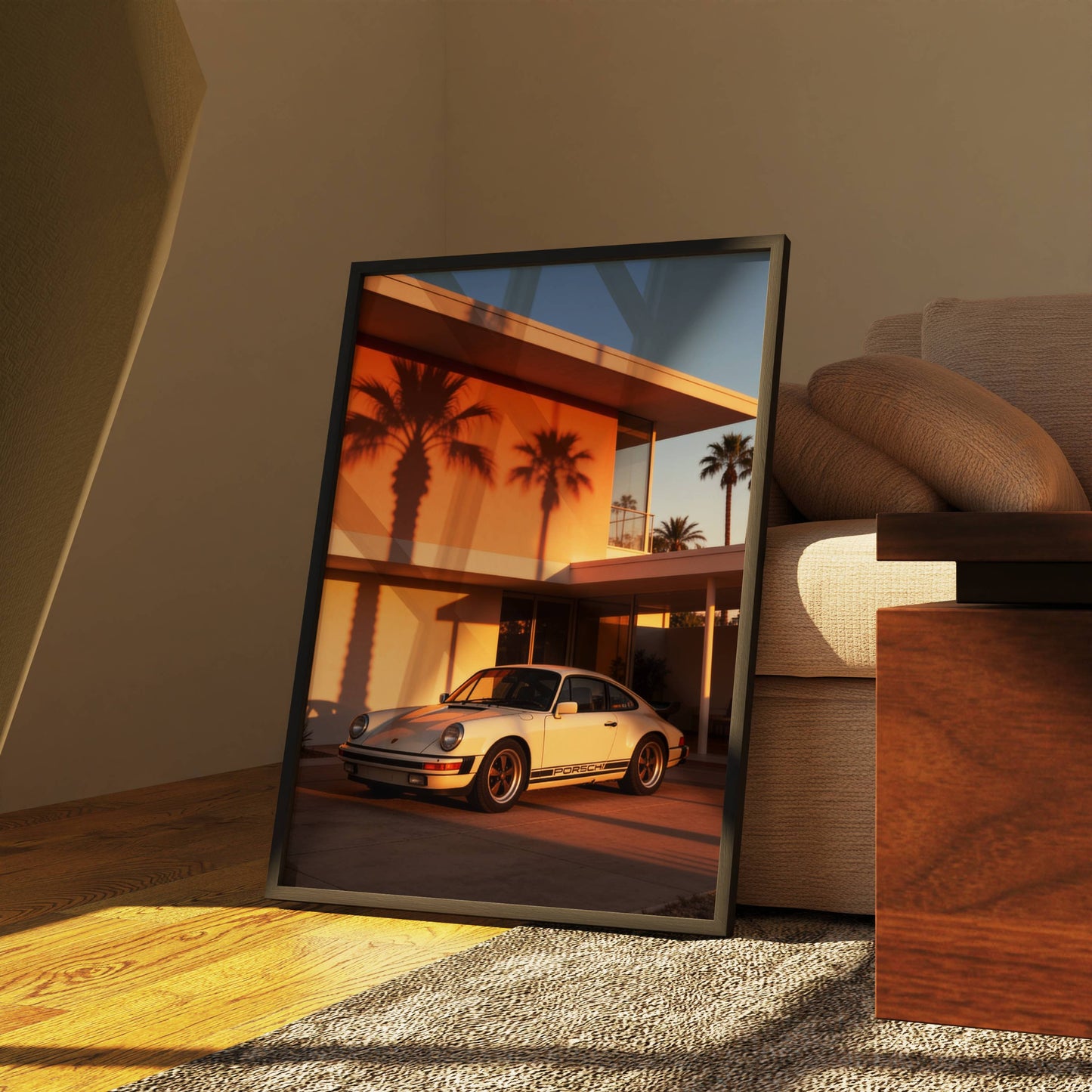 Affiche Porsche Classique devant Villa Moderniste – Architecture de Luxe & Design Rétro | Poster Automobile Premium